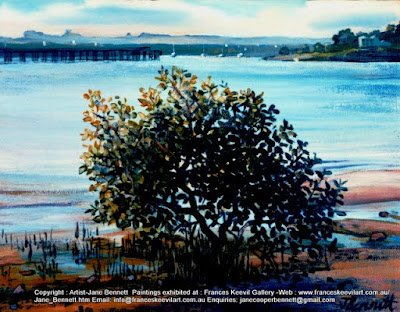 Plein air oil painting of jetty and mangroves at the ex gasworks AGL SIte Mortlake, now Breakfast Point by industrial heritage artist Jane Bennett